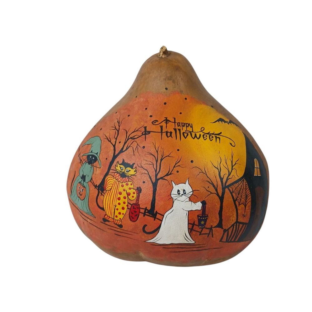 Orange Cat Gourd Hand Painted Folk Art Primitive Halloween Holidays Decor Signed
